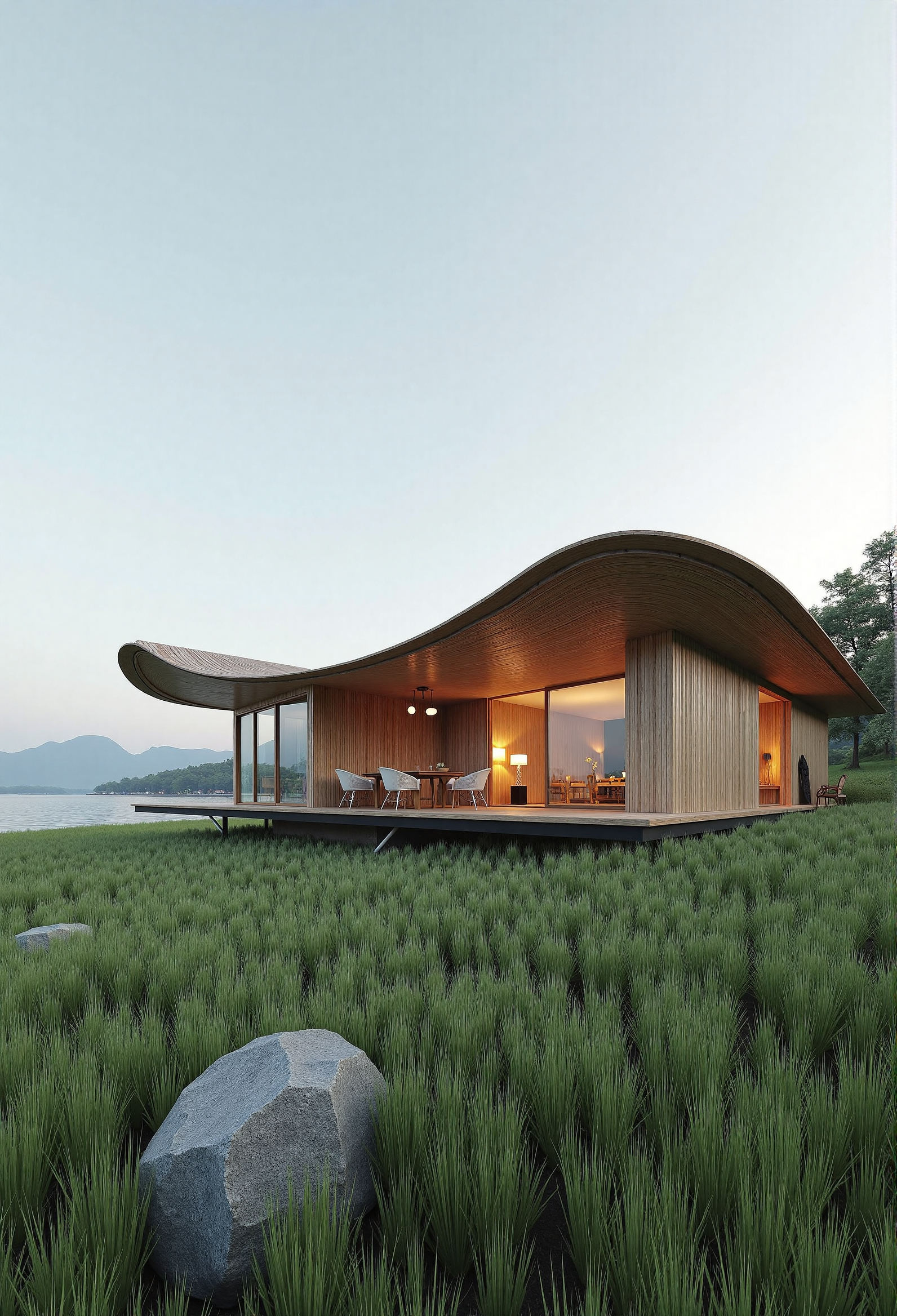 Curved wooden roof building 弧形木屋顶建筑