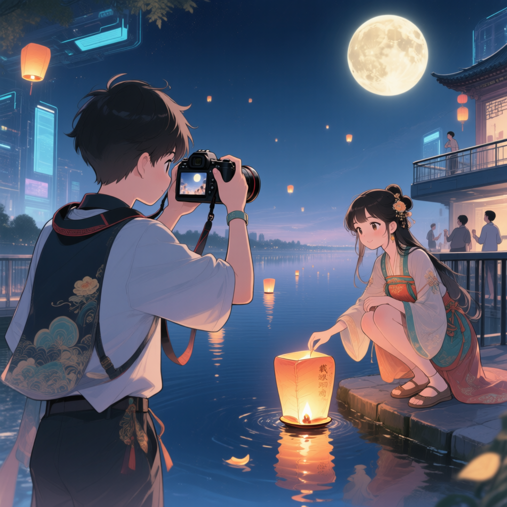 Mid-Autumn lighting in manga style 漫画风光影中秋
