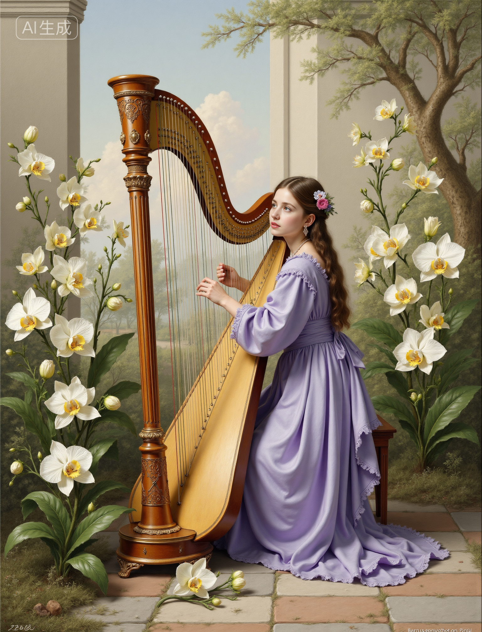 A girl playing the harp 弹奏竖琴的女孩