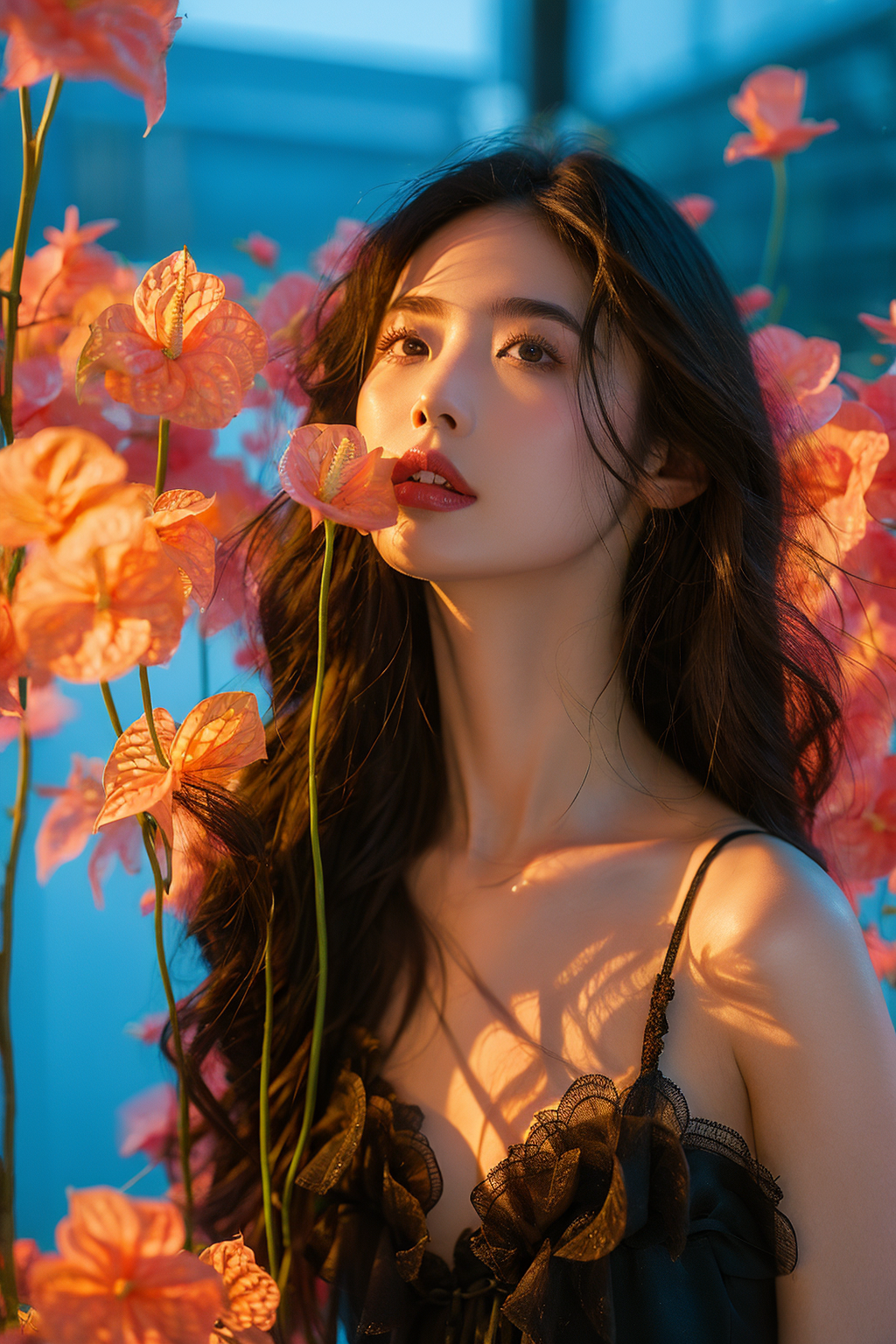 The blossoming flowers and the play of light and shadow at that moment