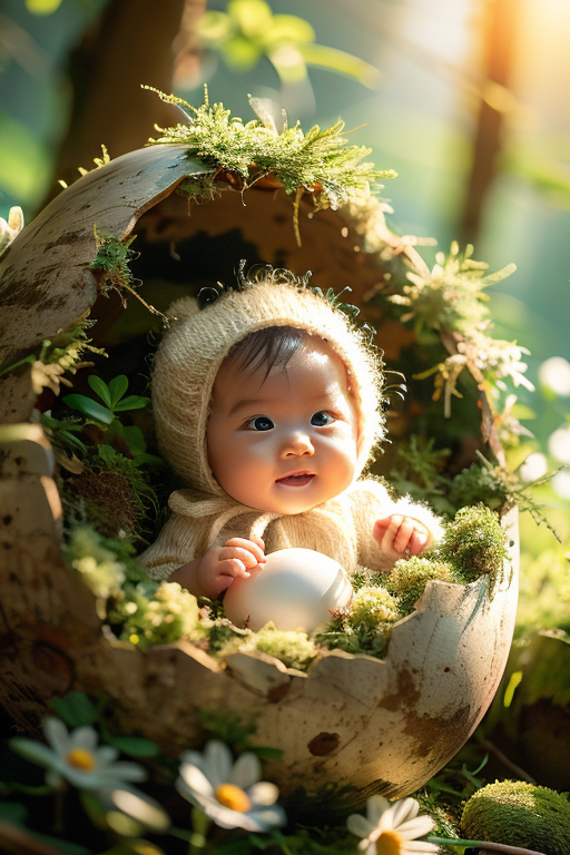Infant emerging from the broken egg Original cracked version