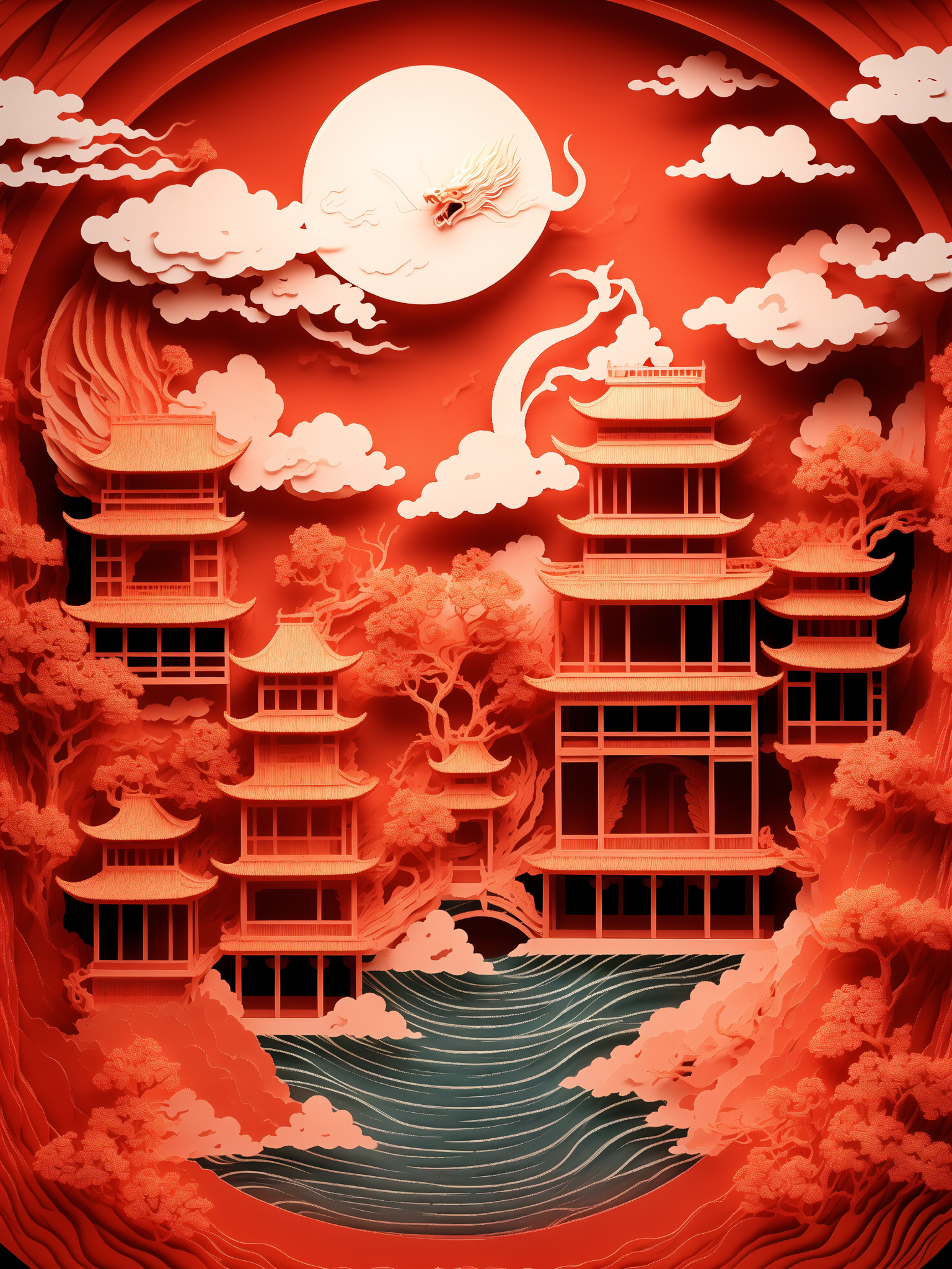 AI绘画-龙贺新春—3D立体剪纸纸雕风(传统文化技艺)-十六不是石榴-AI绘图-LiblibAI