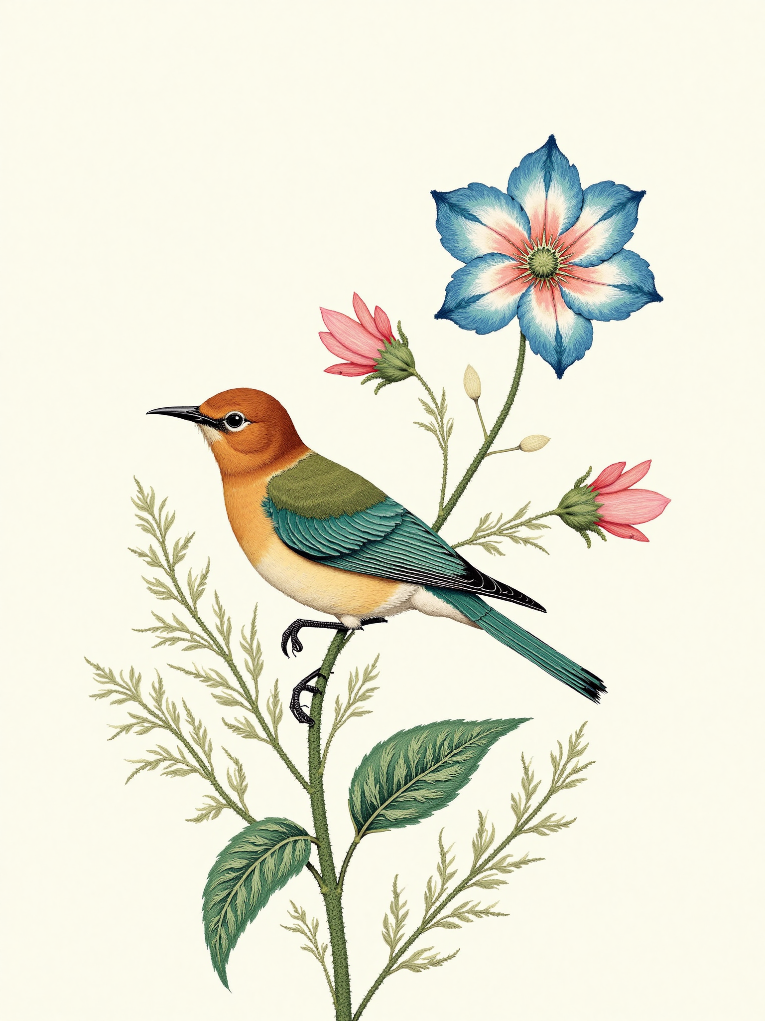 Exquisitely hand-painted flowers and birds Hand-drawn detailed flowers and birds