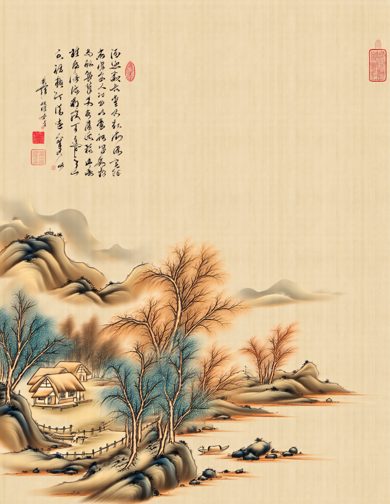 East Asian ink wash landscape painting_countryside 东亚水墨色山水画_乡村