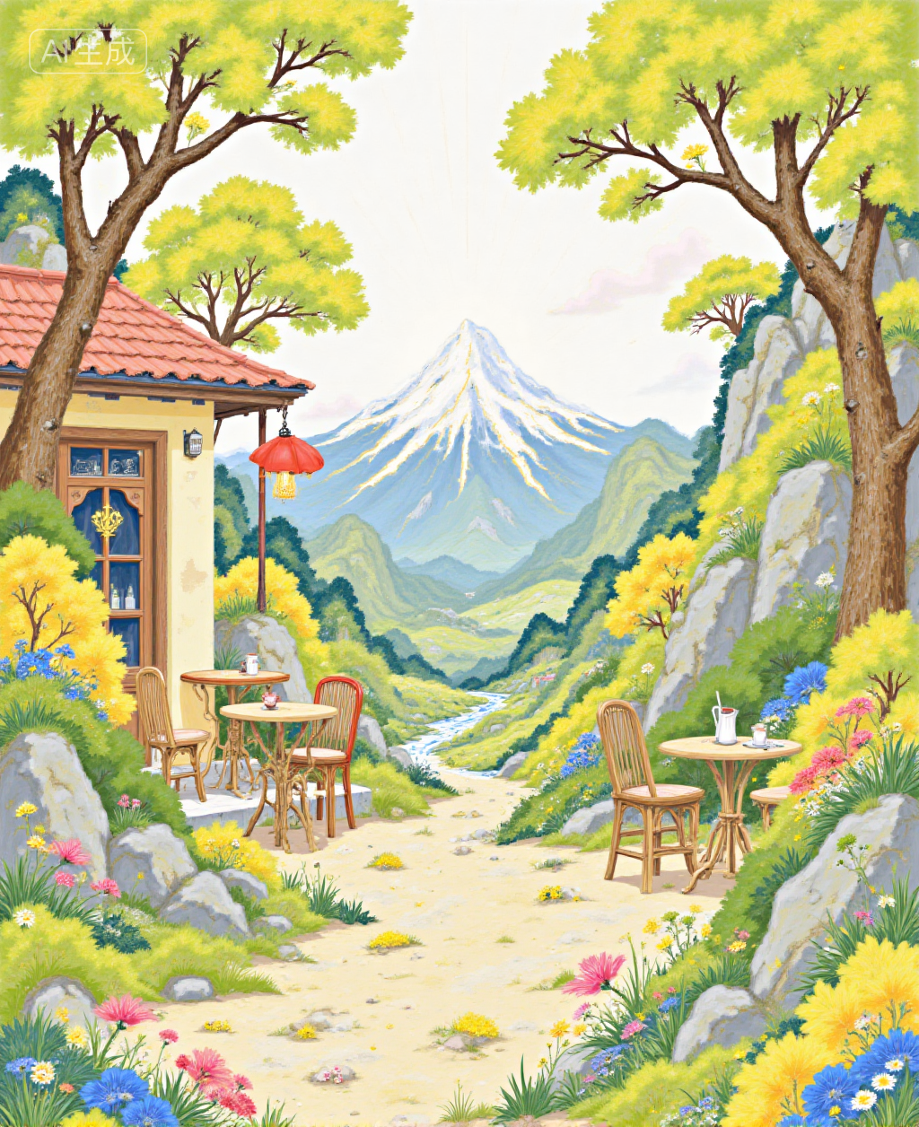   Digital style illustration 晴光漫落街角咖屋插画