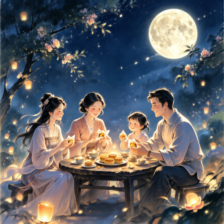 The moon is full on Mid-Autumn Festival, and we celebrate together 月满中秋，共渡佳节