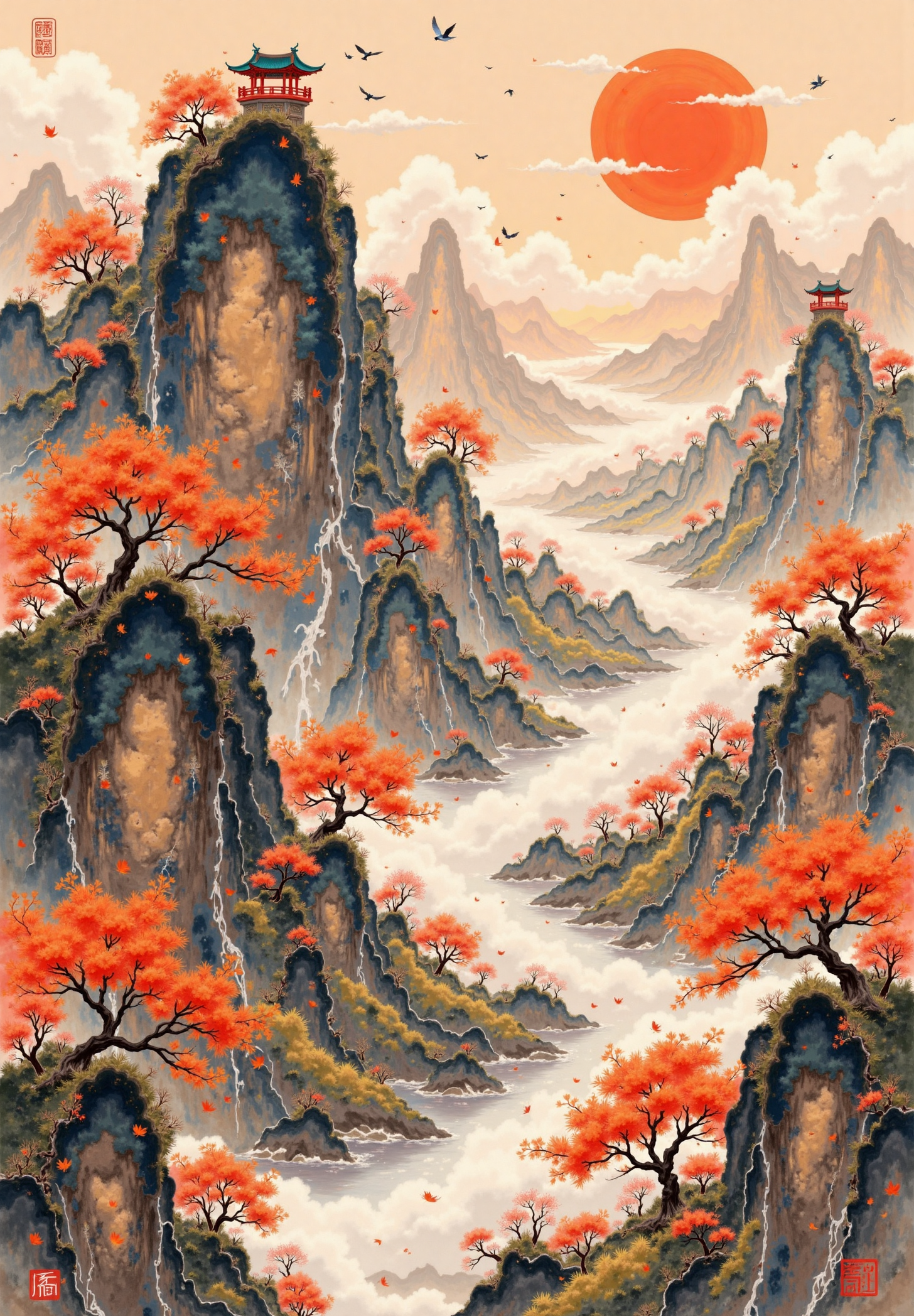 Xieyi style Chinese landscape painting of a celestial mountain   写意国风仙山图