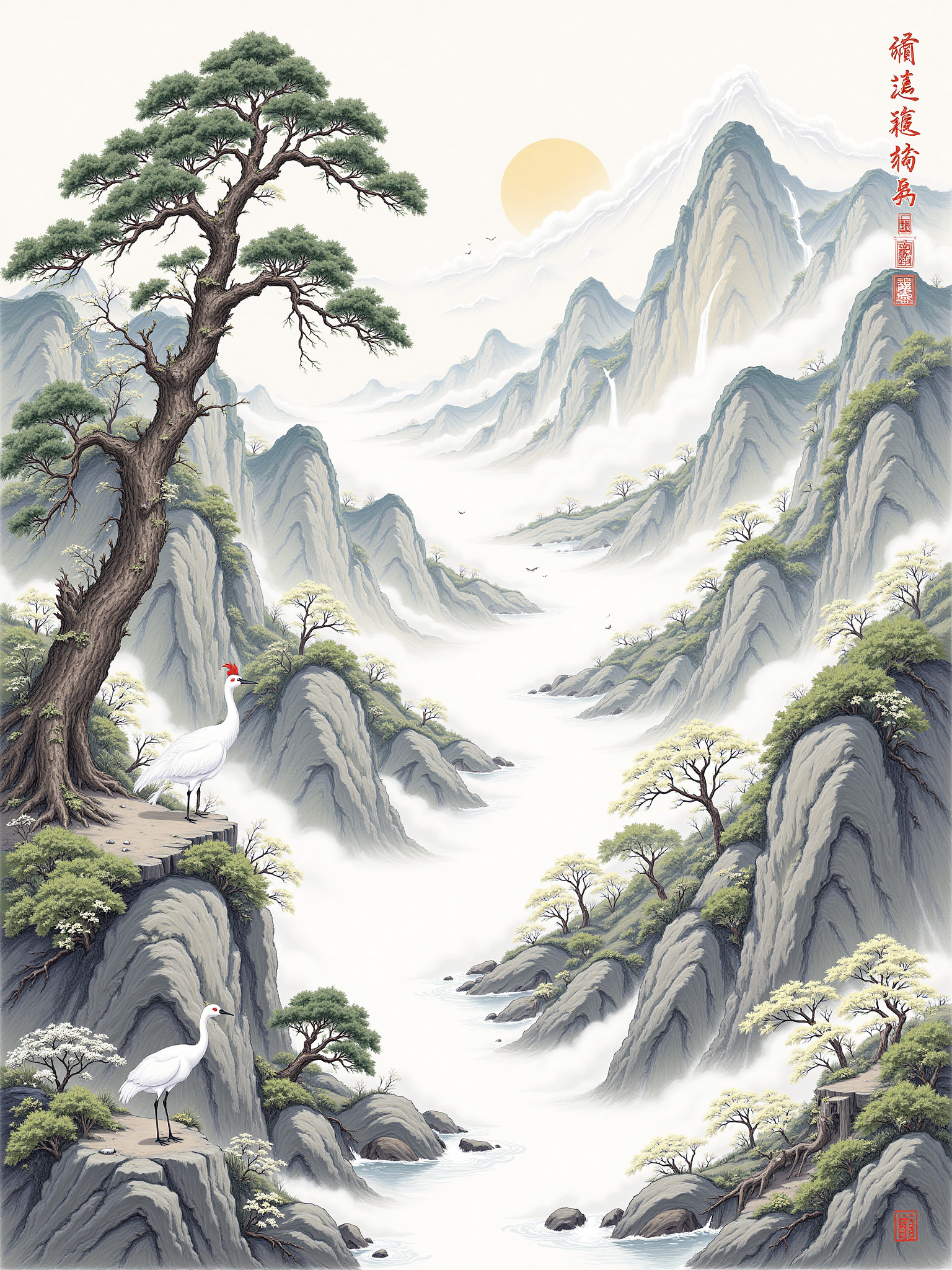 Painting of Cranes Returning to Pine Mountain 鹤归松山图