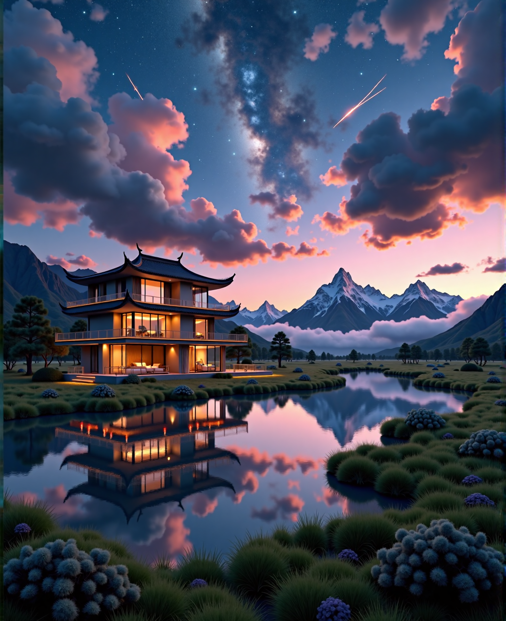 Starry sky over the field with dreamy light and shadow scene 原野星空光影梦幻场景