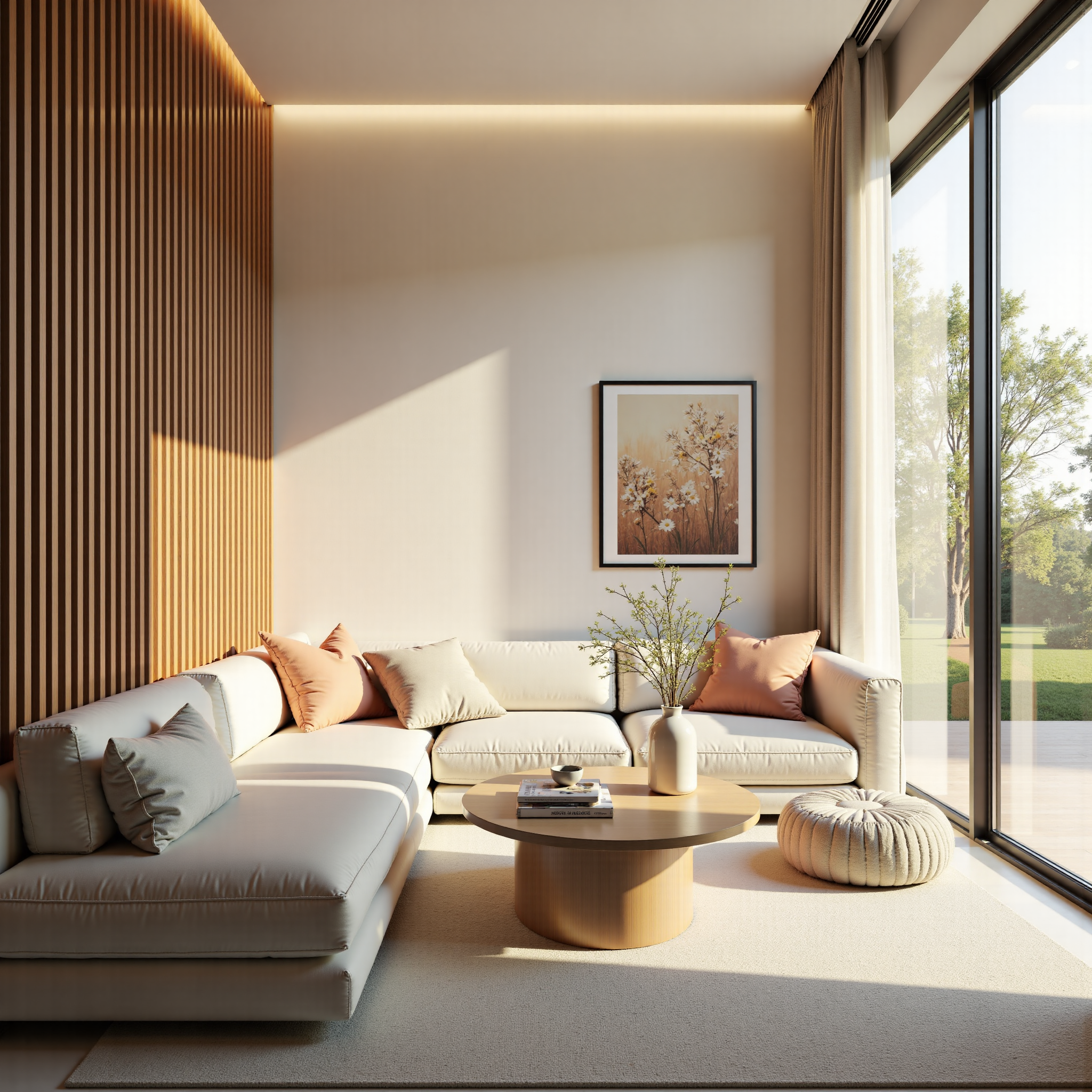 Minimalist cream-colored living and dining room with light and shadow 光影极简奶油客餐厅