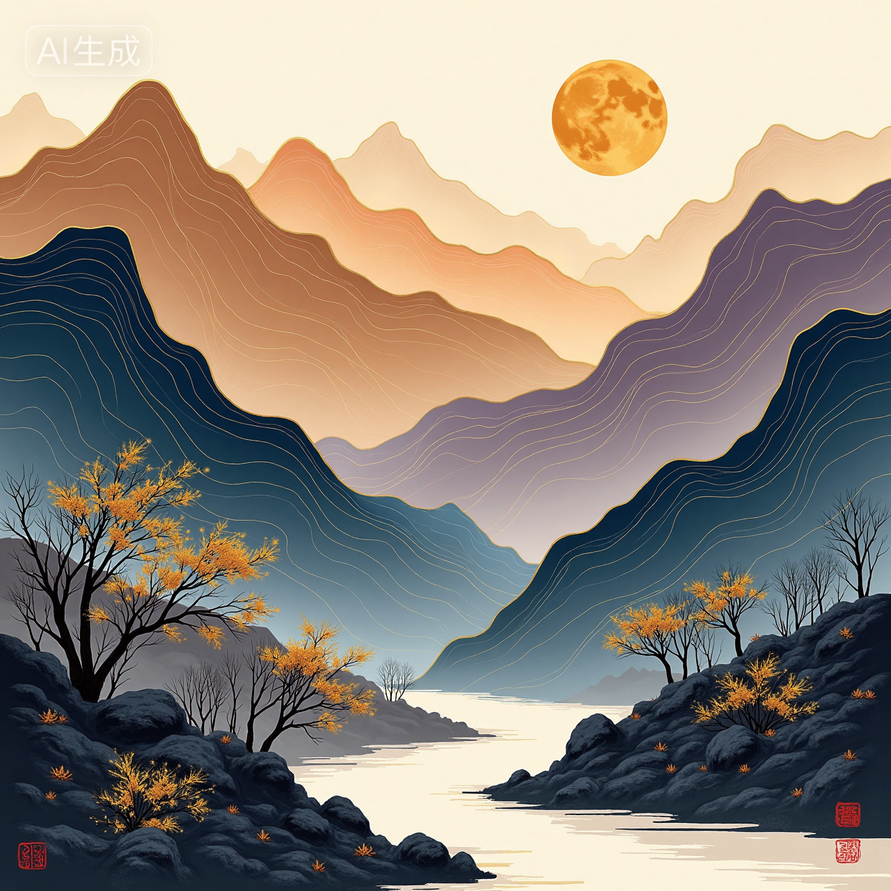 Rock multi-color paint landscape painting 岩石多彩漆山水画