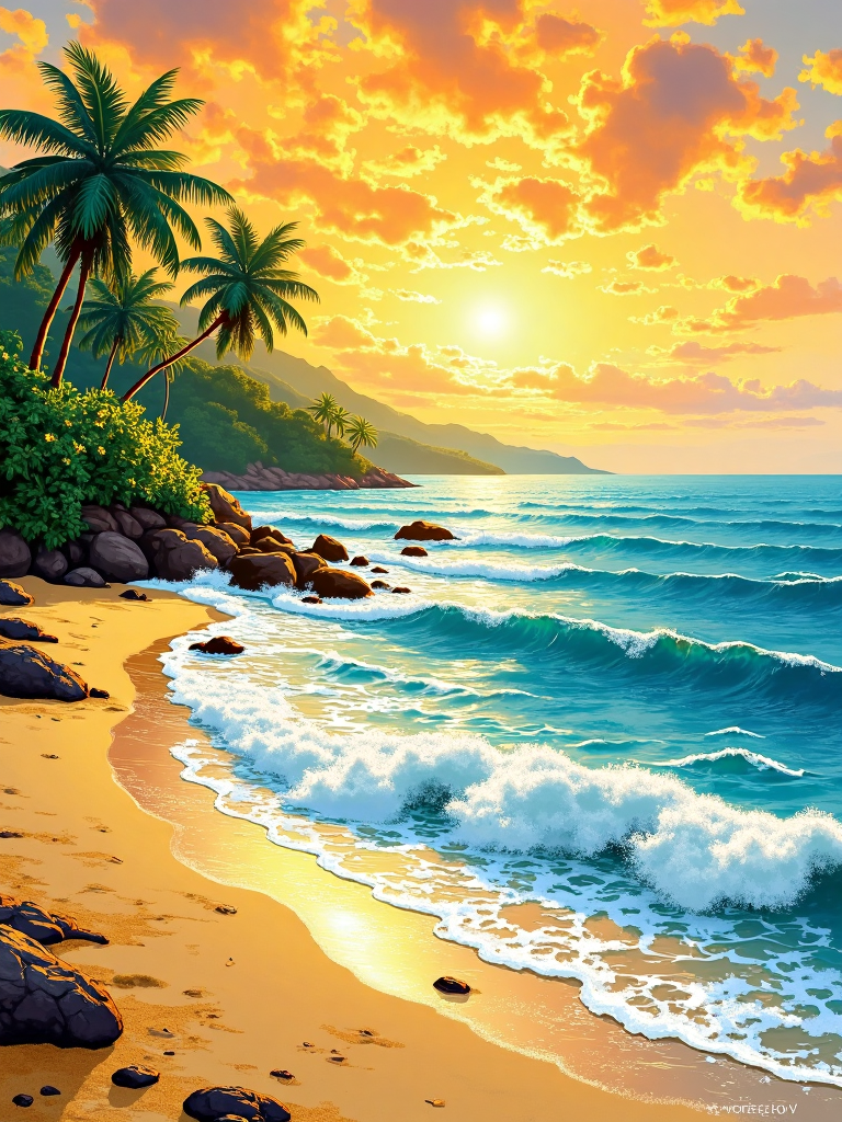 Painting of a tropical beach 热带海滩的画作