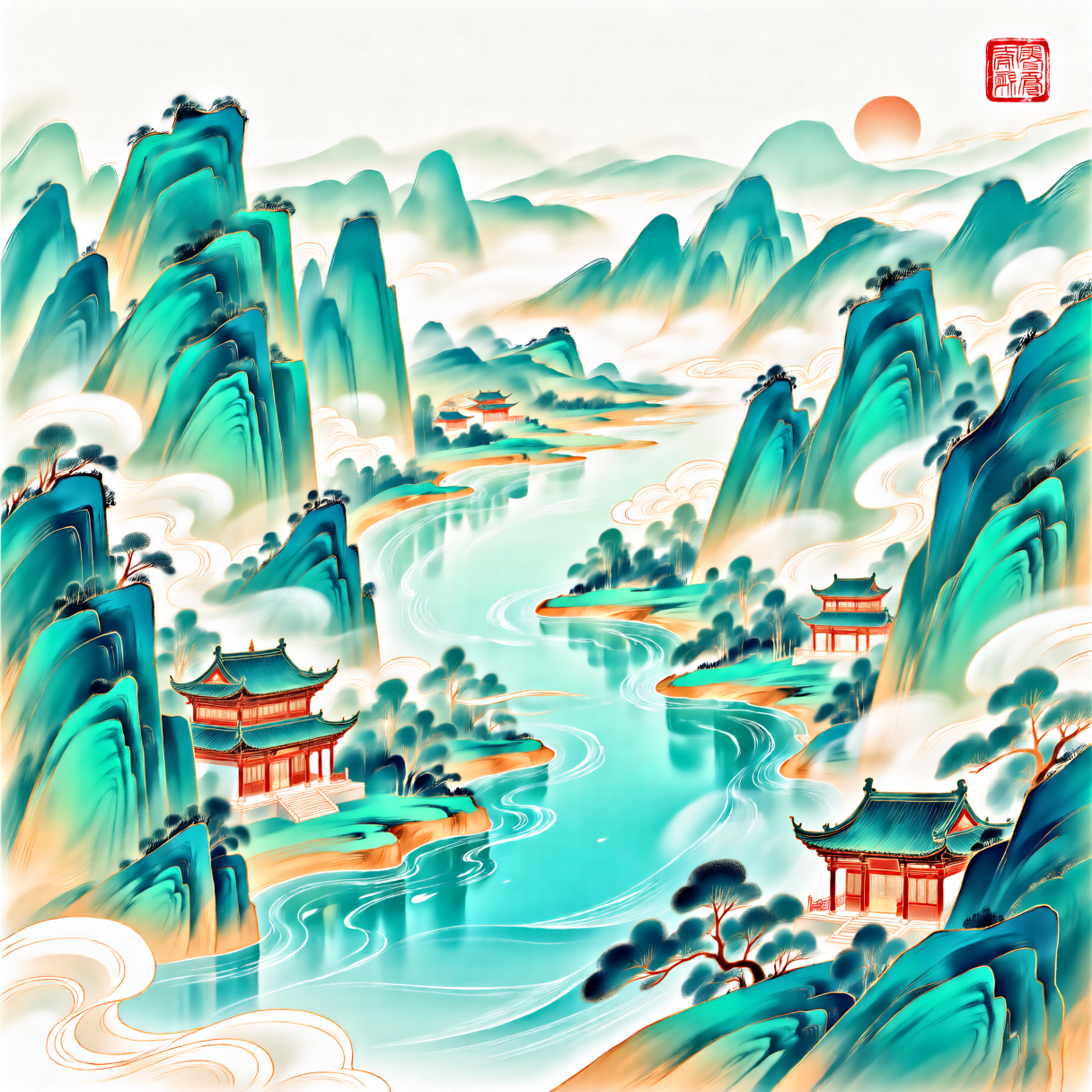National style art illustration. Vientiane Mountain and River 国风艺术插画.山河万象