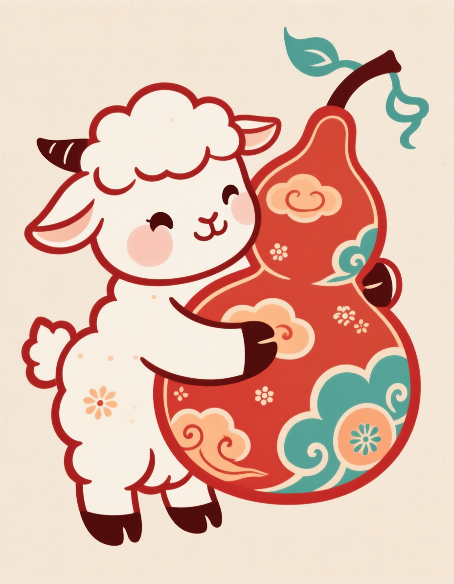 Chinese style sheep holding a gourd illustration 国风羊抱葫芦插画