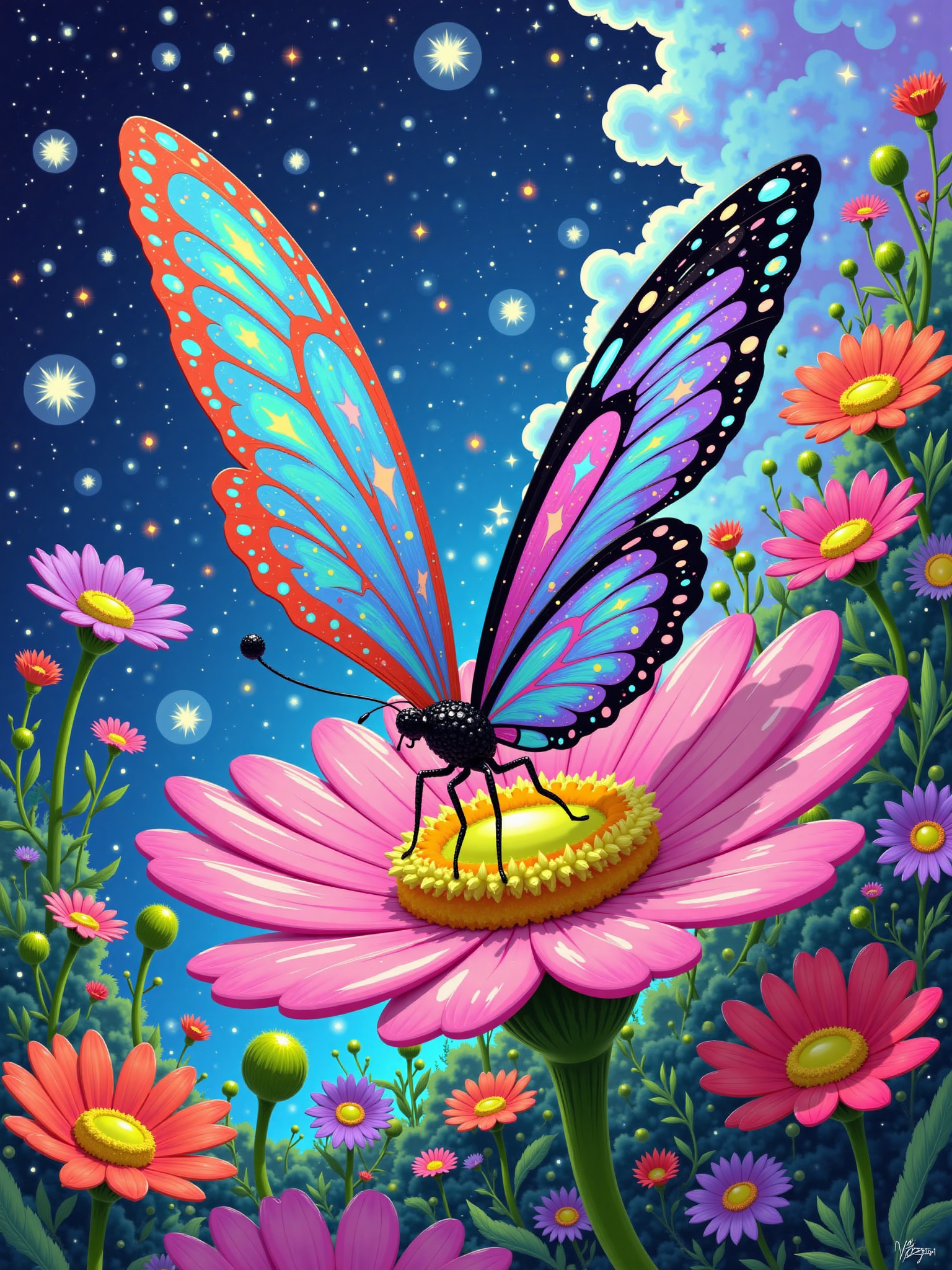 Psychedelic Impressionist digital butterfly and flower illustration 迷幻印象派数字蝴蝶花卉插画