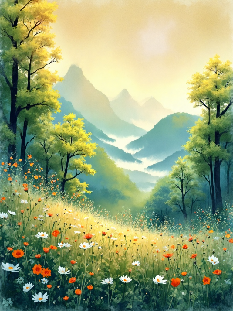 Mountain and field spring day noisy watercolor 山野春日噪点水彩