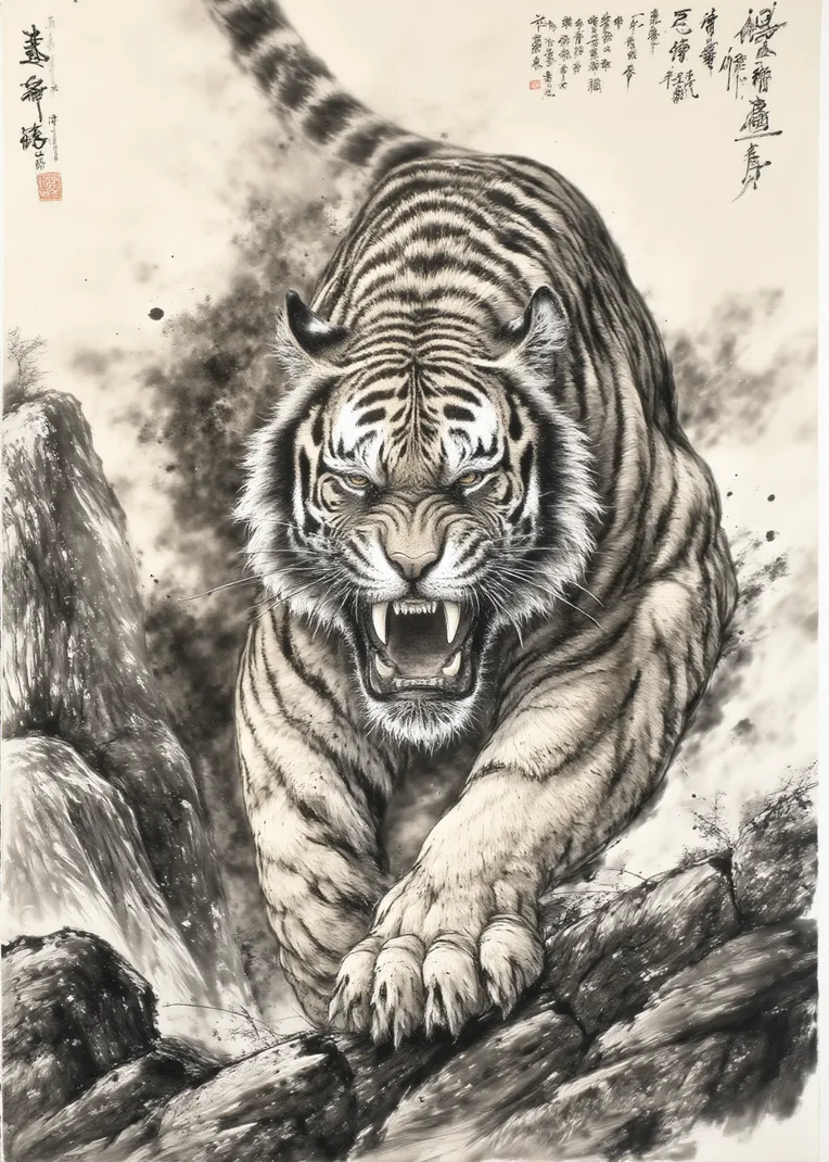 Midjourney】下山虎——张大千风格的中国水墨画-P站就是AI生产力！
