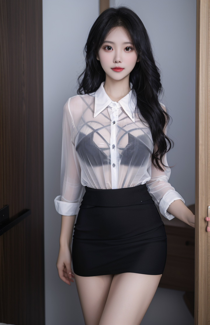 Sexy white see-through shirt and lingerie set + beautiful woman