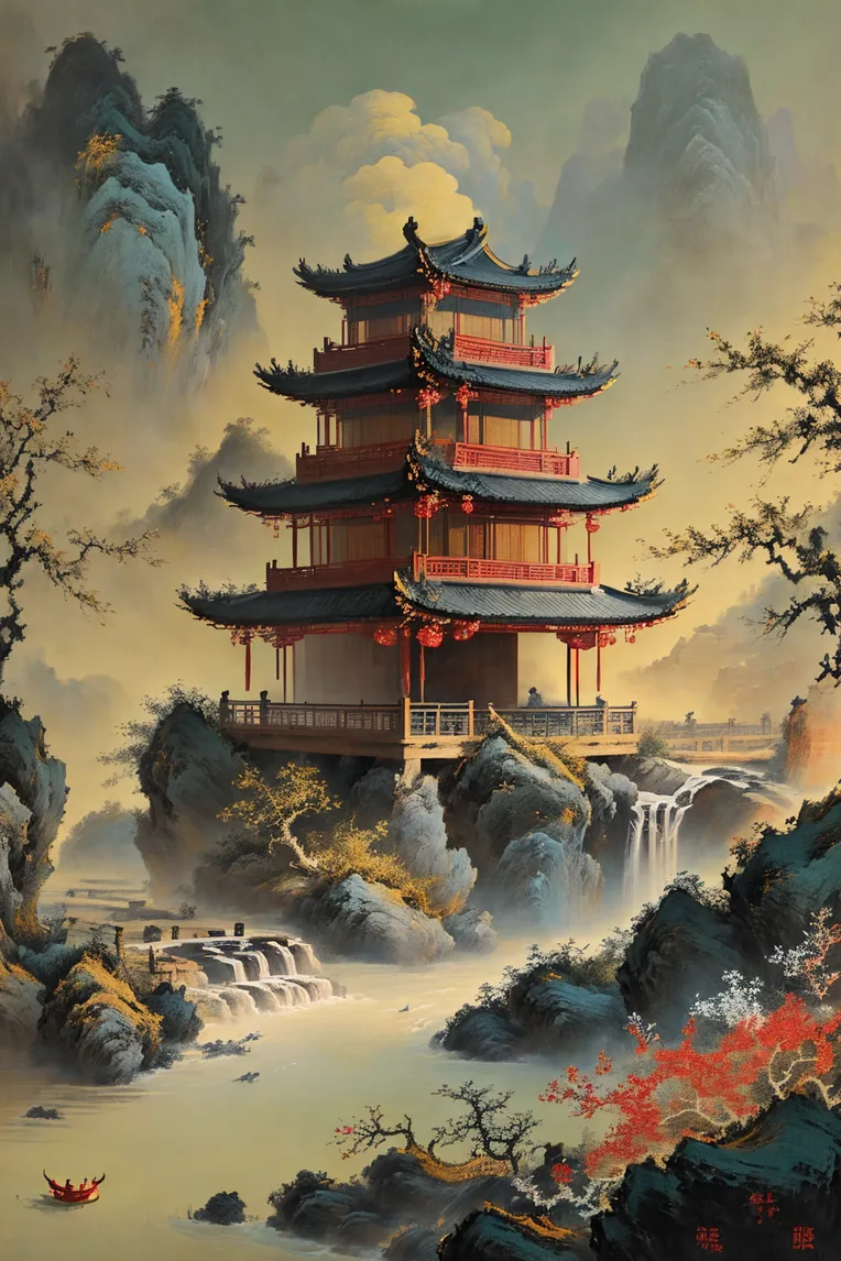 Chinese Style,Traditional Painting Media,Building,LoRA,SD 1.5